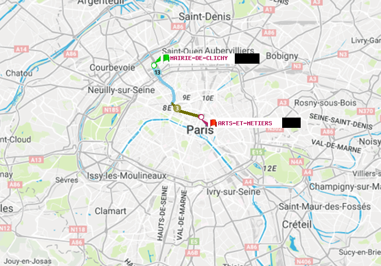 plan itinéraire ratp de Mairie de Clichy à Arts-et-Métiers