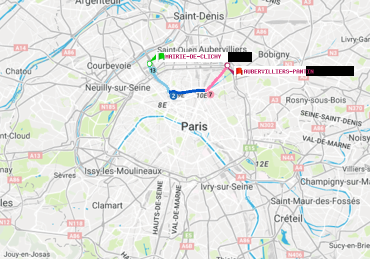 plan itinéraire ratp de Mairie de Clichy à Aubervilliers Pantin (4 Chemins)