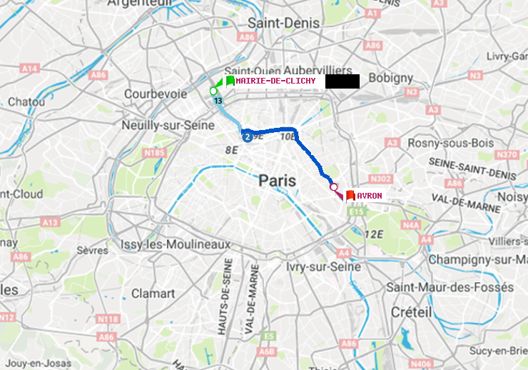 plan itinéraire ratp de Mairie de Clichy à Avron