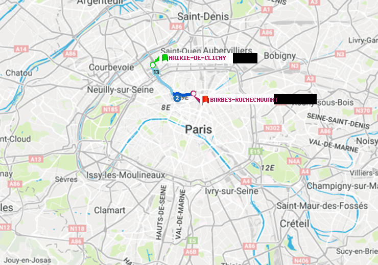 plan itinéraire ratp de Mairie de Clichy à Barbès-Rochechouart