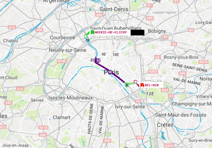 plan itinéraire ratp de Mairie de Clichy à Bel-Air