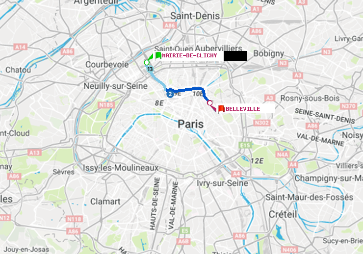 plan itinéraire ratp de Mairie de Clichy à Belleville
