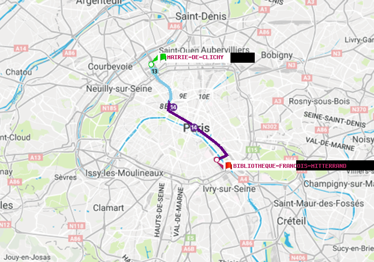 plan itinéraire ratp de Mairie de Clichy à Bibliotheque-Francois Mitterrand