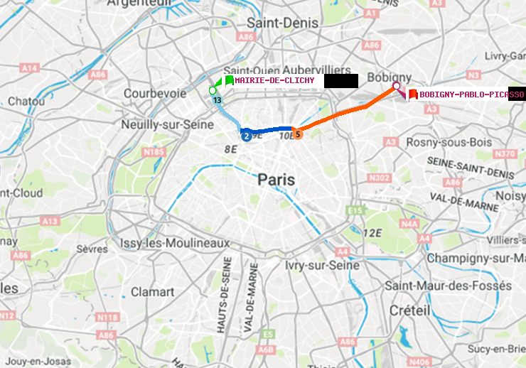 plan itinéraire ratp de Mairie de Clichy à Bobigny-Pablo-Picasso