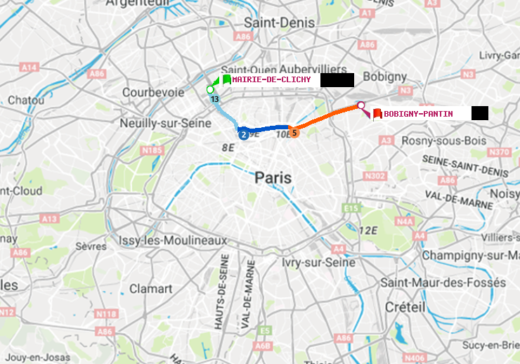 plan itinéraire ratp de Mairie de Clichy à Bobigny-Pantin (Raymond Queneau)