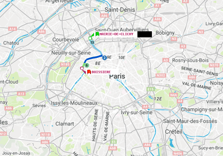 plan itinéraire ratp de Mairie de Clichy à Boissière