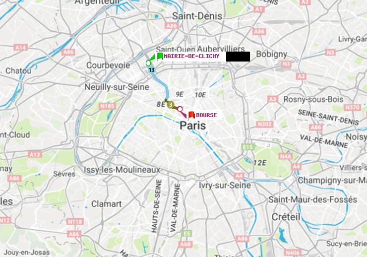 plan itinéraire ratp de Mairie de Clichy à Bourse