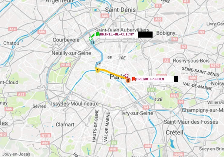 plan itinéraire ratp de Mairie de Clichy à Bréguet-Sabin