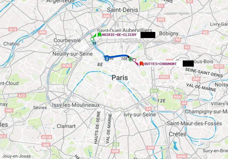 plan itinéraire ratp de Mairie de Clichy à Buttes-Chaumont