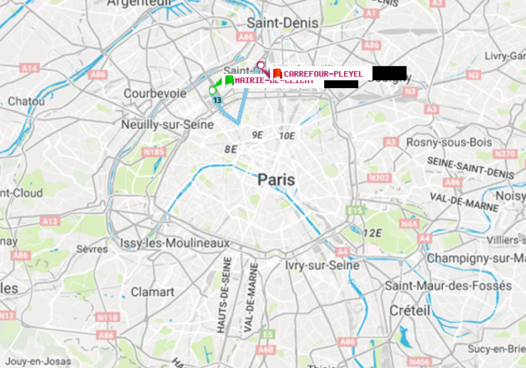 plan itinéraire ratp de Mairie de Clichy à Carrefour-Pleyel