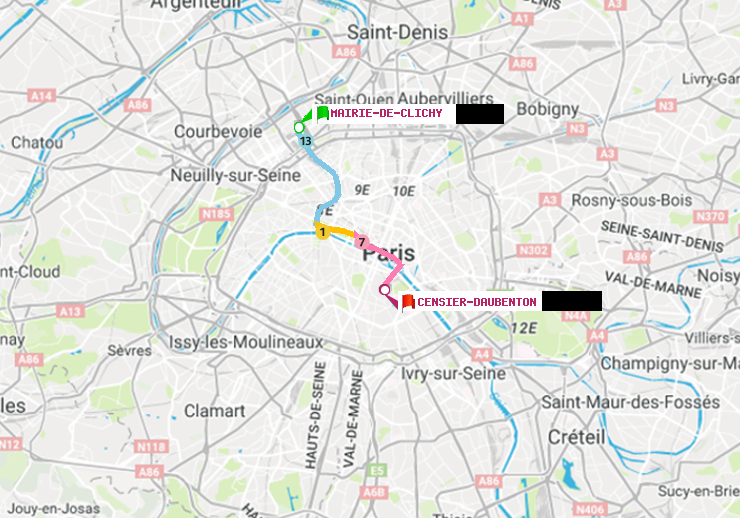 plan itinéraire ratp de Mairie de Clichy à Censier-Daubenton