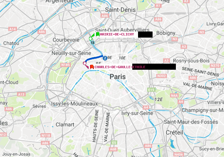 plan itinéraire ratp de Mairie de Clichy à Charles de Gaulle-Etoile