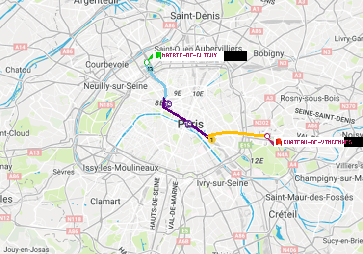 plan itinéraire ratp de Mairie de Clichy à Château de Vincennes