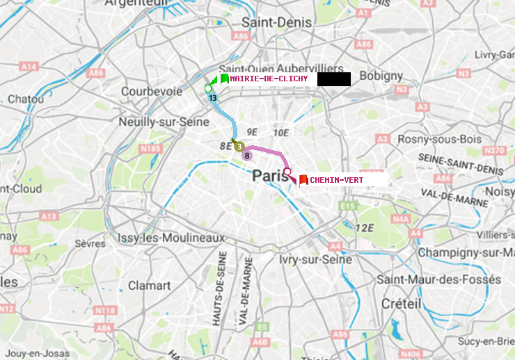 plan itinéraire ratp de Mairie de Clichy à Chemin Vert