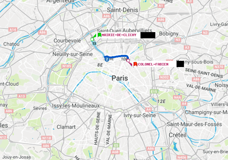 plan itinéraire ratp de Mairie de Clichy à Colonel Fabien
