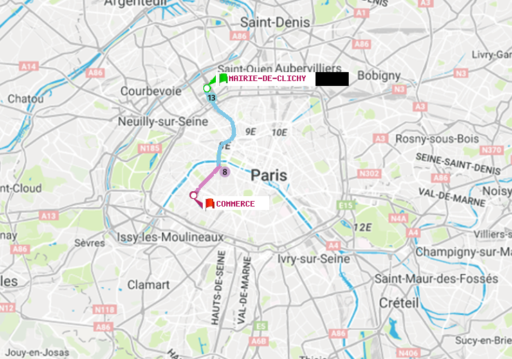 plan itinéraire ratp de Mairie de Clichy à Commerce