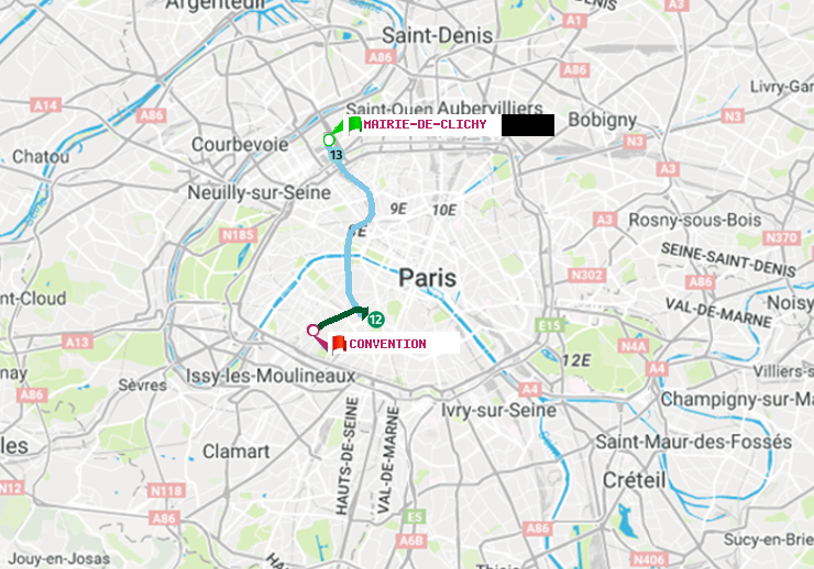 plan itinéraire ratp de Mairie de Clichy à Convention