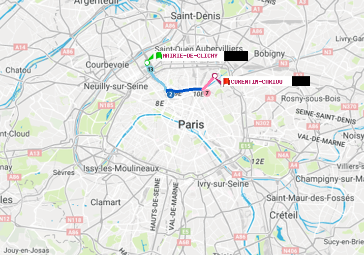plan itinéraire ratp de Mairie de Clichy à Corentin-Cariou