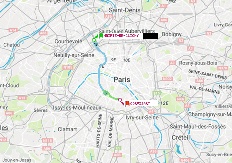 plan itinéraire ratp de Mairie de Clichy à Corvisart