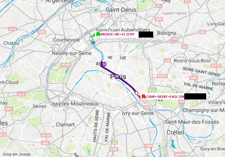 plan itinéraire ratp de Mairie de Clichy à Cour Saint-Emilion