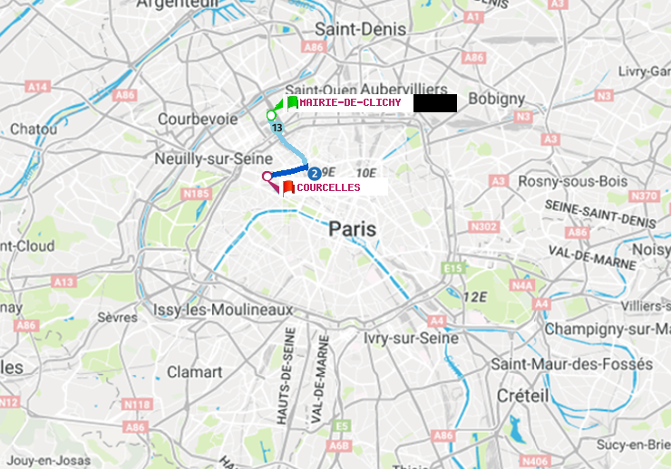 plan itinéraire ratp de Mairie de Clichy à Courcelles