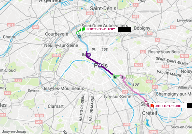 plan itinéraire ratp de Mairie de Clichy à Créteil-L