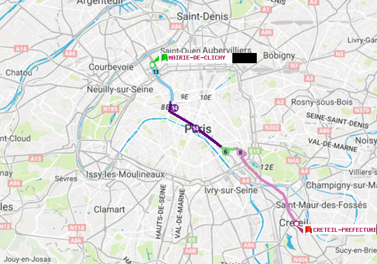 plan itinéraire ratp de Mairie de Clichy à Créteil-Préfecture (Hôtel de Ville)