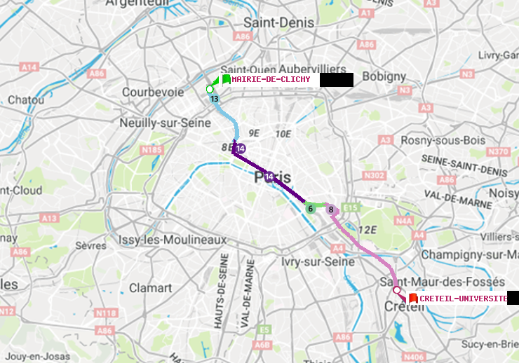 plan itinéraire ratp de Mairie de Clichy à Créteil-Université