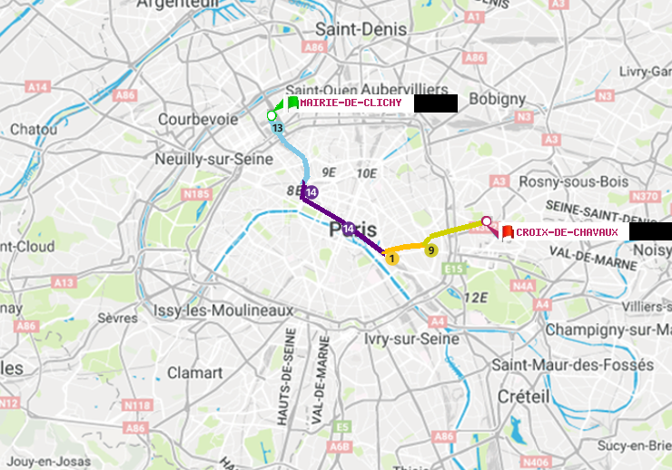 plan itinéraire ratp de Mairie de Clichy à Croix-de-Chavaux (Jacques Duclos)