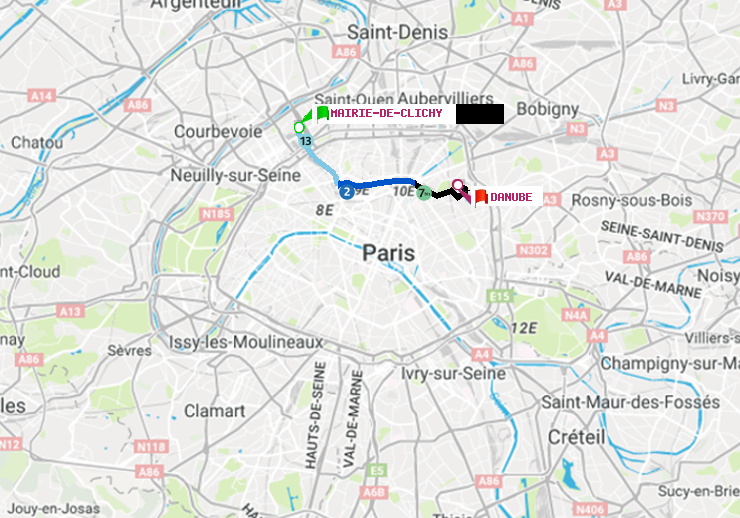 plan itinéraire ratp de Mairie de Clichy à Danube