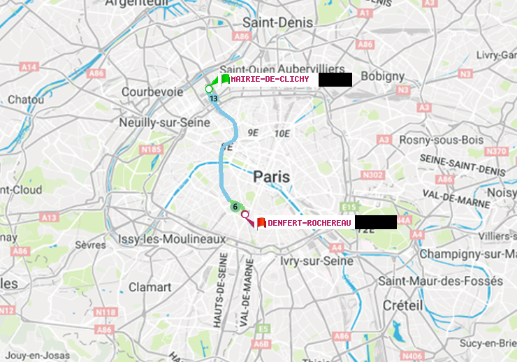 plan itinéraire ratp de Mairie de Clichy à Denfert-Rochereau
