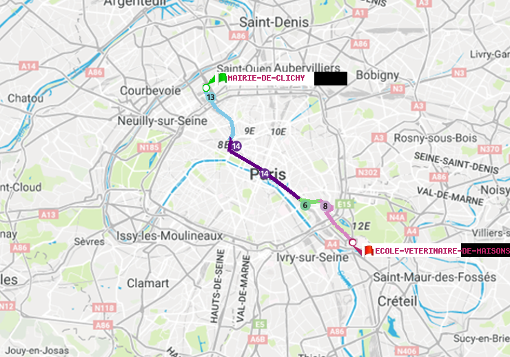 plan itinéraire ratp de Mairie de Clichy à Ecole Vétérinaire de Maisons-Alfort