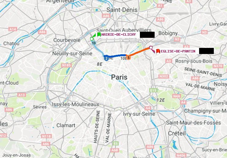 plan itinéraire ratp de Mairie de Clichy à Eglise de Pantin