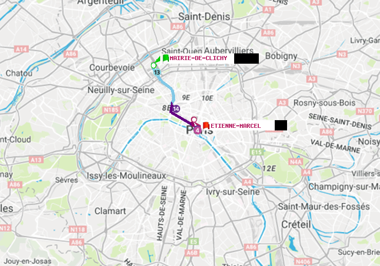 plan itinéraire ratp de Mairie de Clichy à Etienne Marcel
