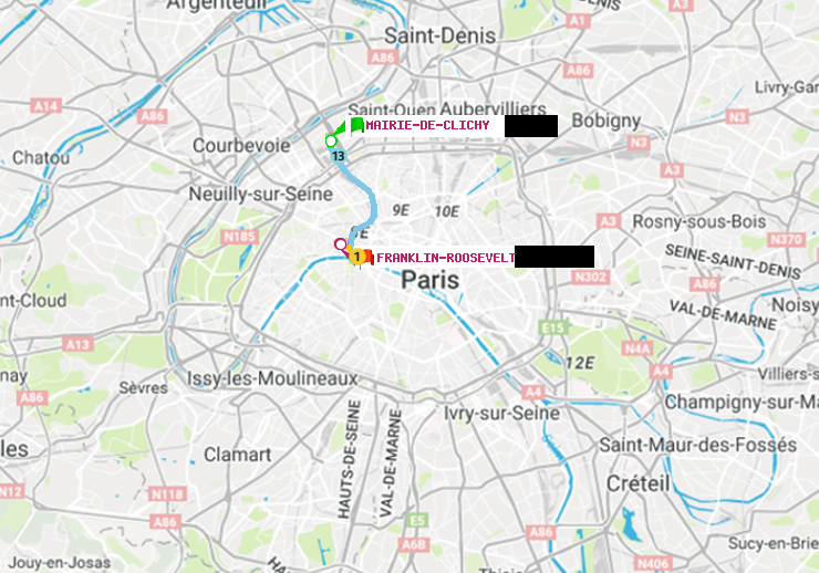 plan itinéraire ratp de Mairie de Clichy à Franklin-Roosevelt