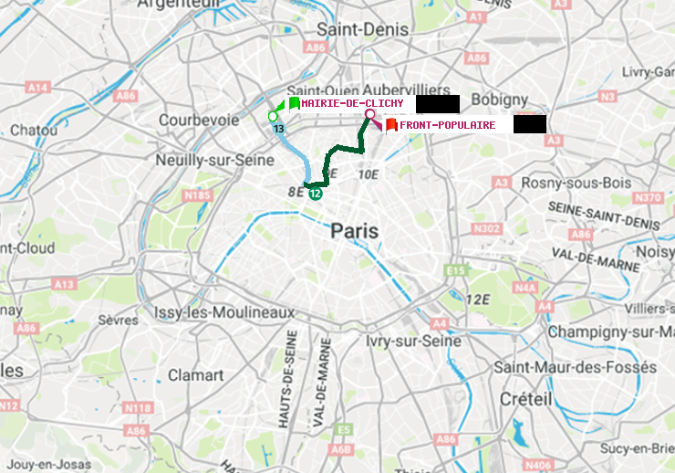 plan itinéraire ratp de Mairie de Clichy à Front Populaire