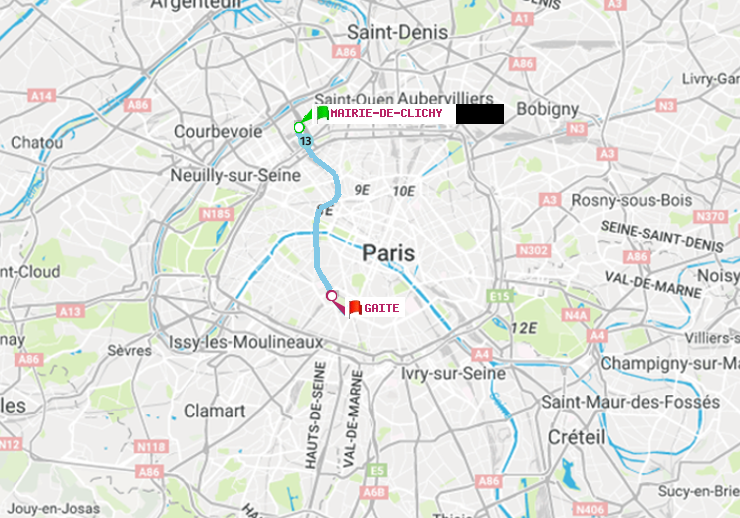 plan itinéraire ratp de Mairie de Clichy à Gaité