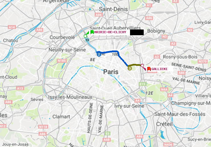 plan itinéraire ratp de Mairie de Clichy à Gallieni (Parc de Bagnolet)