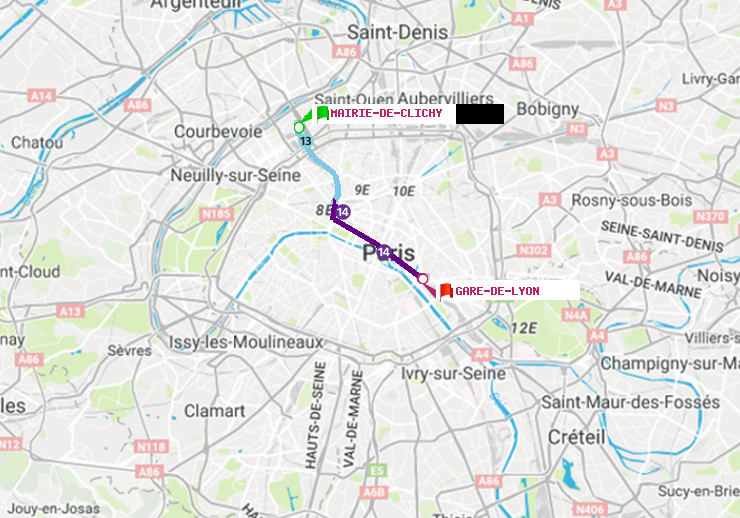 plan itinéraire ratp de Mairie de Clichy à Gare de Lyon