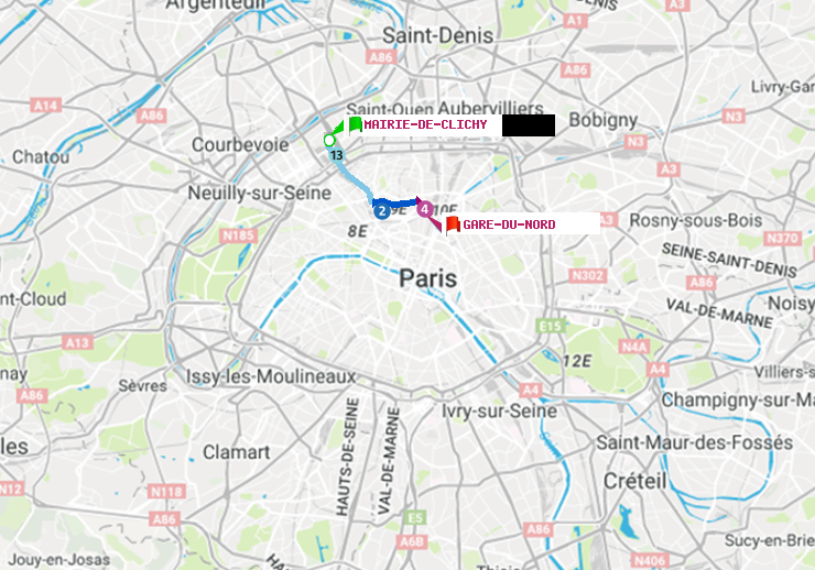 plan itinéraire ratp de Mairie de Clichy à Gare du Nord
