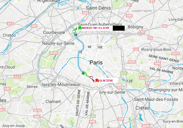 plan itinéraire ratp de Mairie de Clichy à Glacière