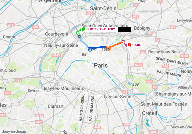 plan itinéraire ratp de Mairie de Clichy à Hoche
