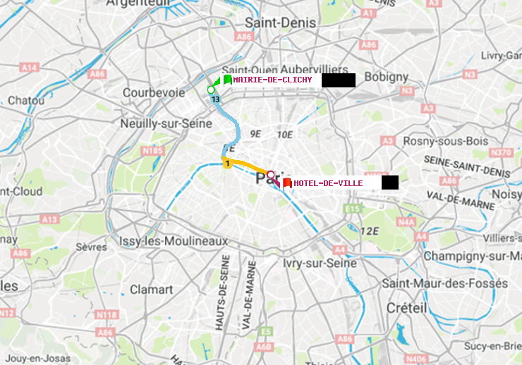 plan itinéraire ratp de Mairie de Clichy à Hôtel de Ville
