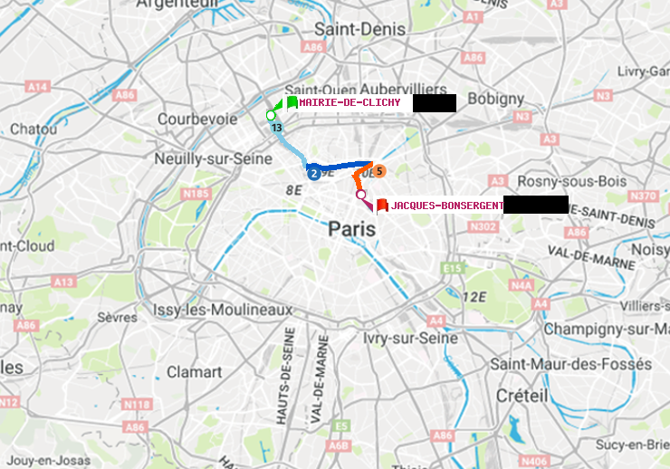 plan itinéraire ratp de Mairie de Clichy à Jacques-Bonsergent