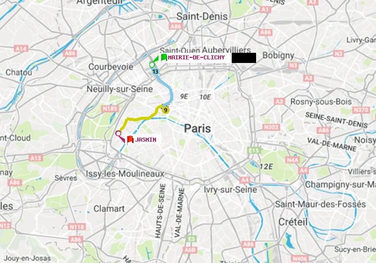plan itinéraire ratp de Mairie de Clichy à Jasmin