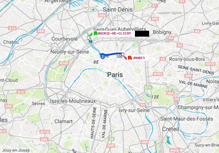 plan itinéraire ratp de Mairie de Clichy à Jaurès