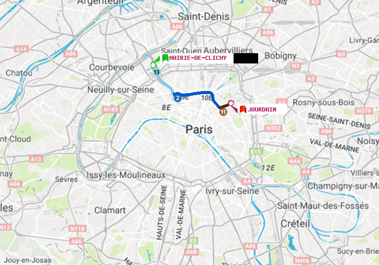 plan itinéraire ratp de Mairie de Clichy à Jourdain