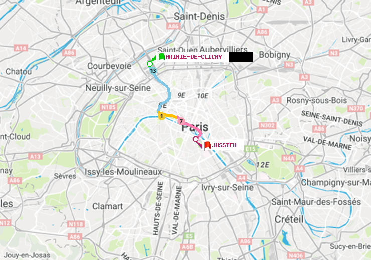 plan itinéraire ratp de Mairie de Clichy à Jussieu