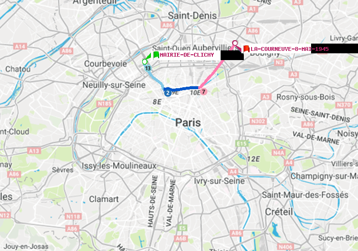 plan itinéraire ratp de Mairie de Clichy à La Courneuve-8-Mai-1945