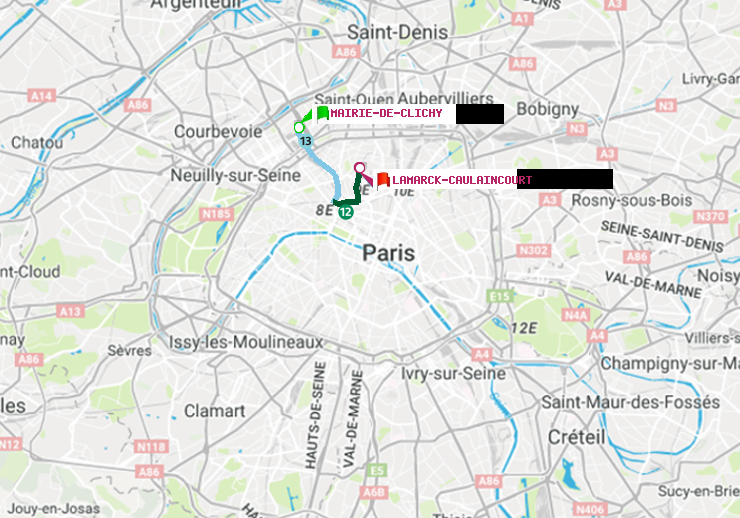 plan itinéraire ratp de Mairie de Clichy à Lamarck-Caulaincourt
